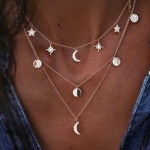 Boho Moon Phase Layered Faux Diamond Necklace Gold-tone NWOT